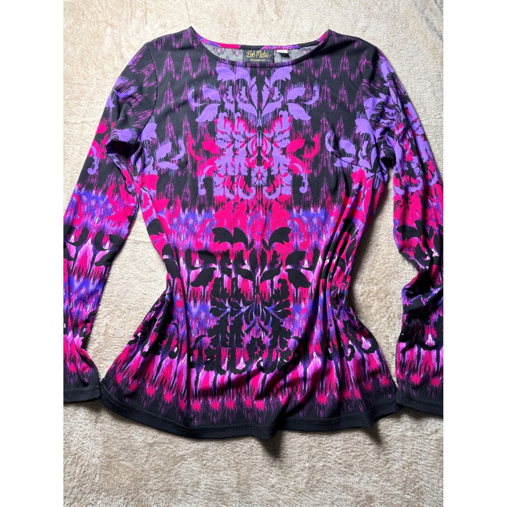 Bob‎ Mackie Wearable Art Womens XS Long Sleeve Purple Pink Damask Ikat Print Top